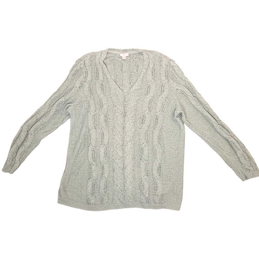 J Jill Cable Knit Sweater Womens XL Light Green V-Neck Cotton Blend Coastal Cozy